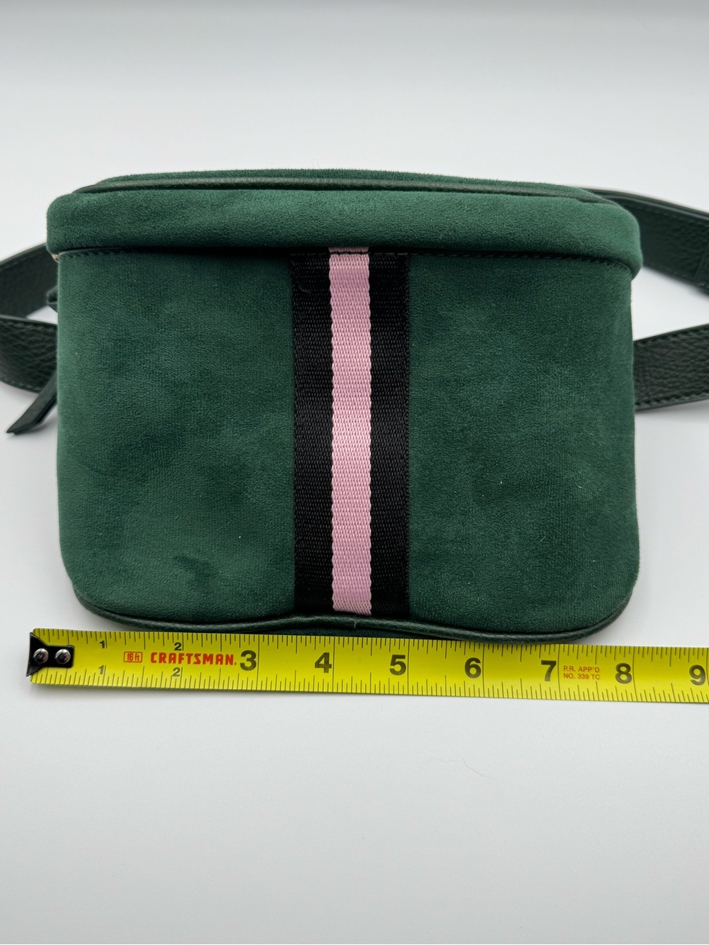 Dark Green Microfiber Crossbody Belt Bag with Pink and Black Accent Stripe - Picture 8 of 9